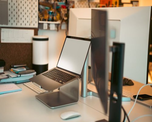 Ergonomic office setup showing proper monitor height